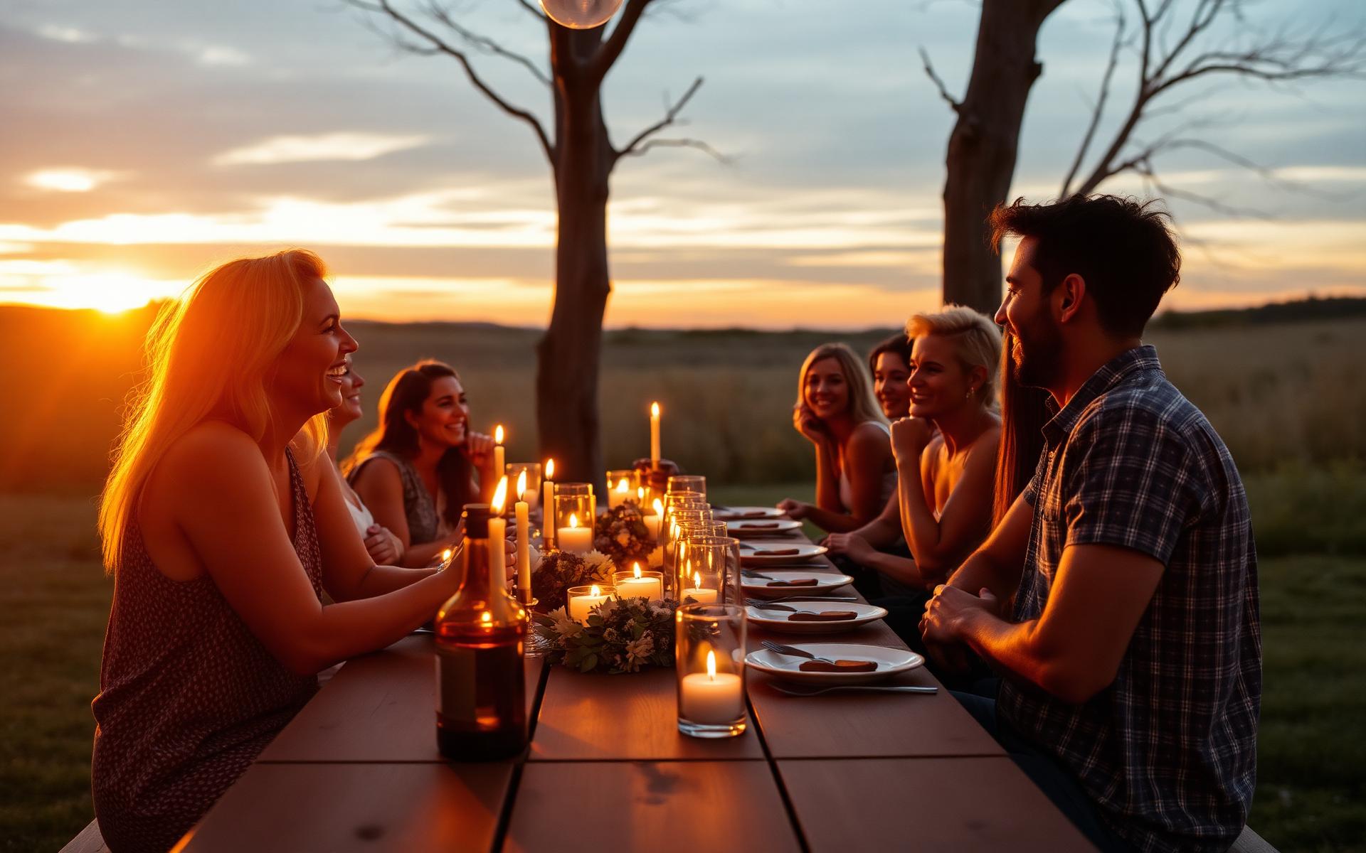 Vrienden delen een diner bij zonsondergang
